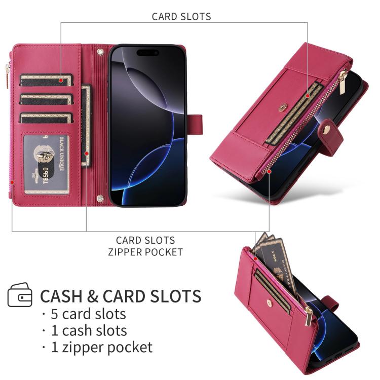 For iPhone 15 Pro Crossbody Strap RFID Blocking Zipper Wallet Leather Phone Case