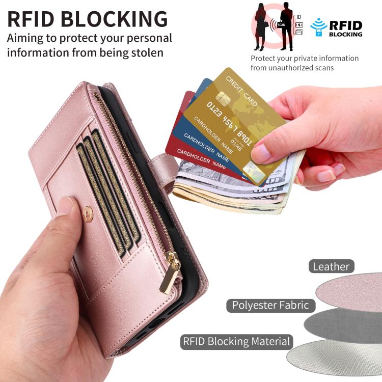 For iPhone 15 Plus Crossbody Strap RFID Blocking Zipper Wallet Leather Phone Case