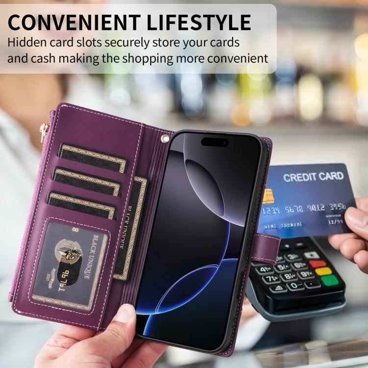 For iPhone 15 Plus Crossbody Strap RFID Blocking Zipper Wallet Leather Phone Case