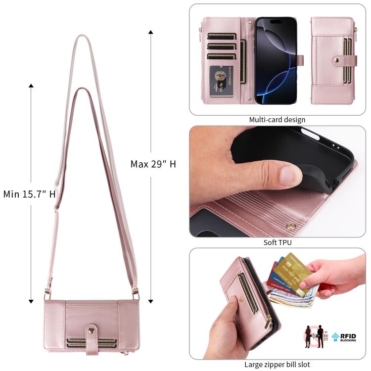 For iPhone 15 Crossbody Strap RFID Blocking Zipper Wallet Leather Phone Case