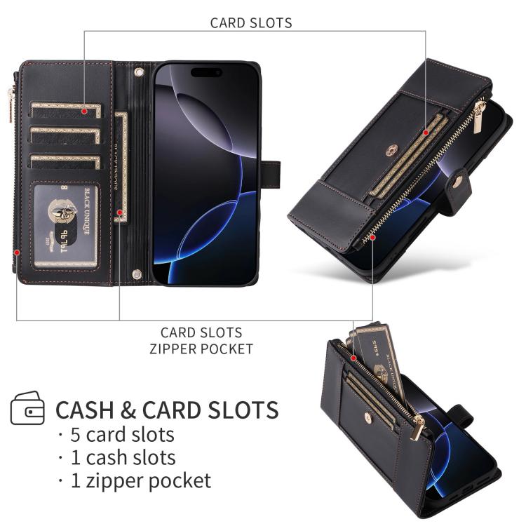 For iPhone 15 Crossbody Strap RFID Blocking Zipper Wallet Leather Phone Case