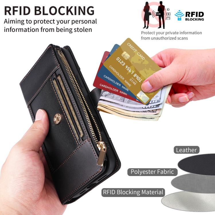 For iPhone 15 Crossbody Strap RFID Blocking Zipper Wallet Leather Phone Case