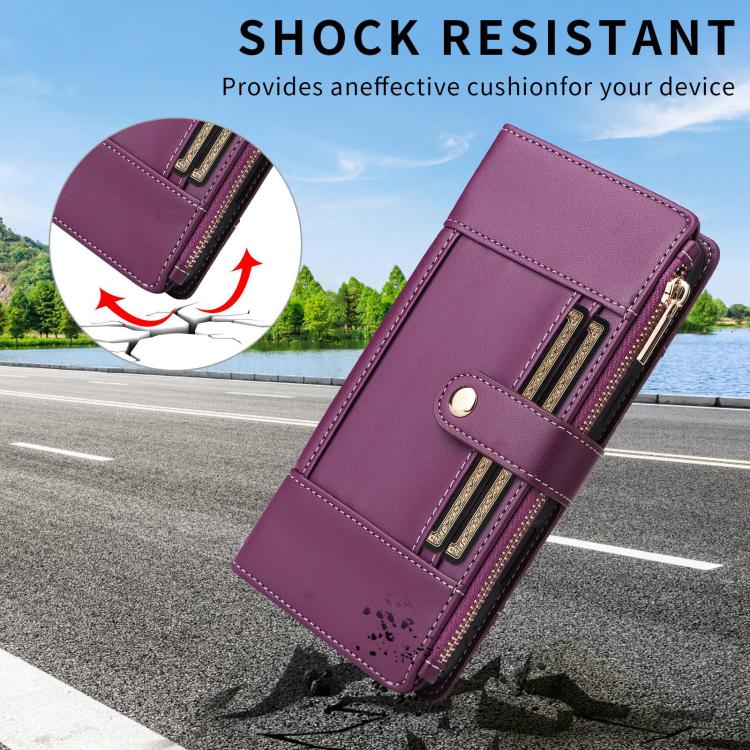 For iPhone 15 Crossbody Strap RFID Blocking Zipper Wallet Leather Phone Case