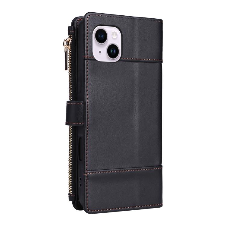 For iPhone 14 Plus Crossbody Strap RFID Blocking Zipper Wallet Leather Phone Case