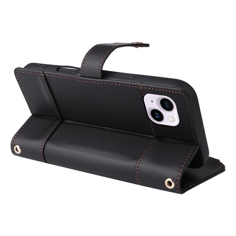 For iPhone 14 Plus Crossbody Strap RFID Blocking Zipper Wallet Leather Phone Case