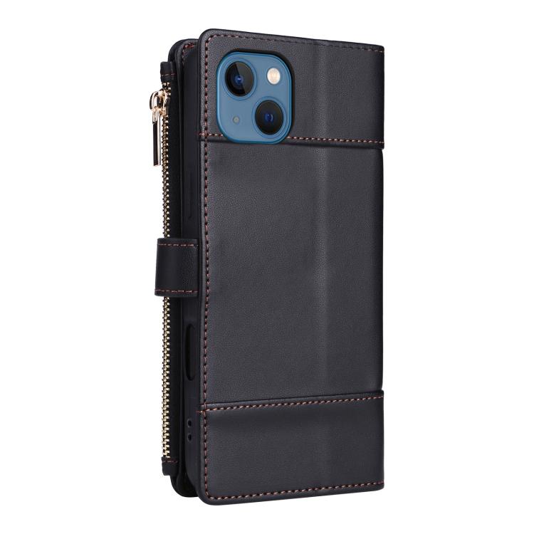 For iPhone 14 / 13 Crossbody Strap RFID Blocking Zipper Wallet Leather Phone Case