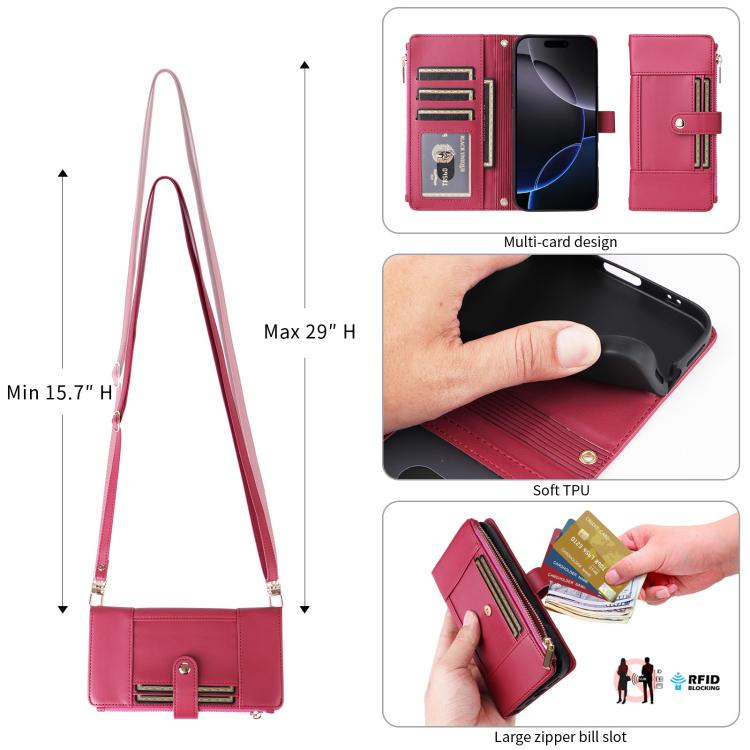 For iPhone 14 / 13 Crossbody Strap RFID Blocking Zipper Wallet Leather Phone Case
