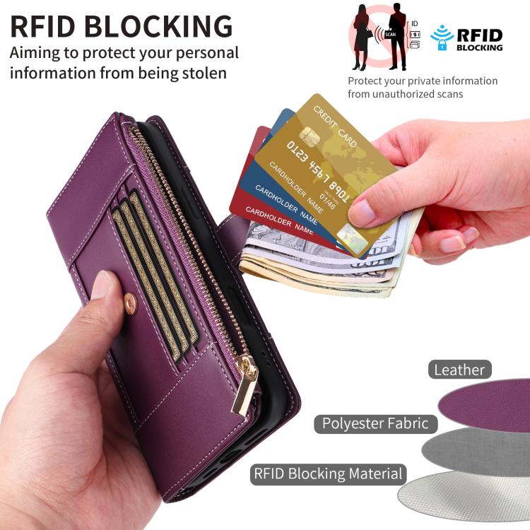 For iPhone 14 Pro Max Crossbody Strap RFID Blocking Zipper Wallet Leather Phone Case