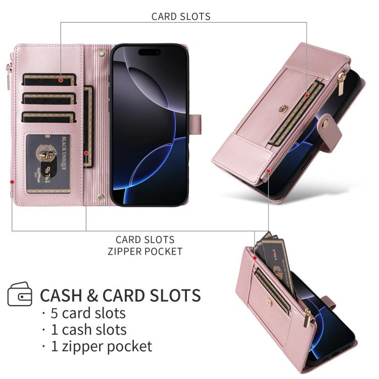 For iPhone 13 Pro Crossbody Strap RFID Blocking Zipper Wallet Leather Phone Case