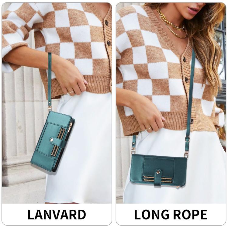 For iPhone 13 Pro Crossbody Strap RFID Blocking Zipper Wallet Leather Phone Case