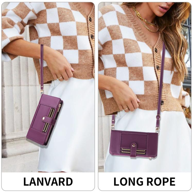 For iPhone 13 Pro Crossbody Strap RFID Blocking Zipper Wallet Leather Phone Case