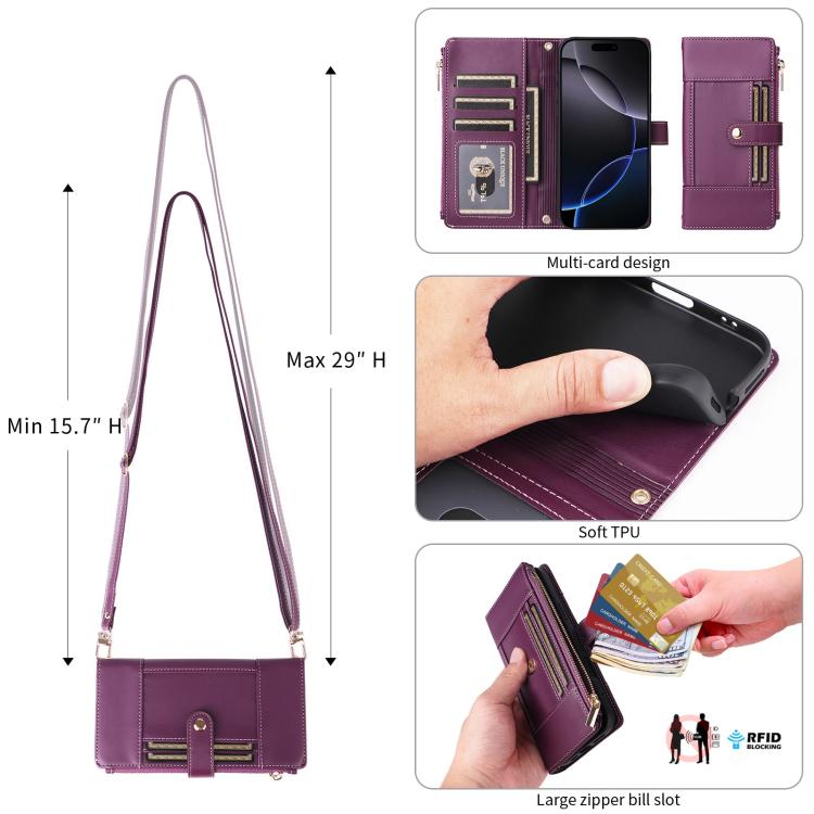 For iPhone 13 Pro Crossbody Strap RFID Blocking Zipper Wallet Leather Phone Case