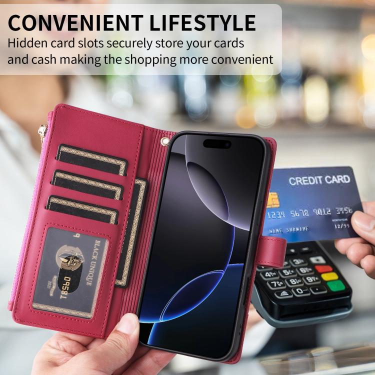 For iPhone 13 Pro Crossbody Strap RFID Blocking Zipper Wallet Leather Phone Case