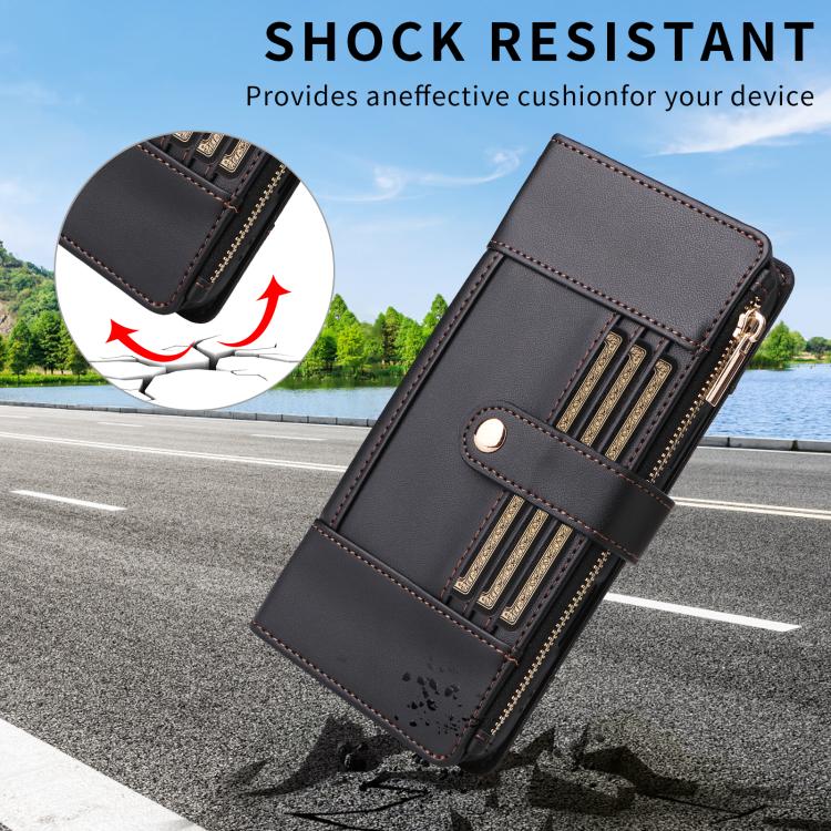 For iPhone 12 Pro Max Crossbody Strap RFID Blocking Zipper Wallet Leather Phone Case