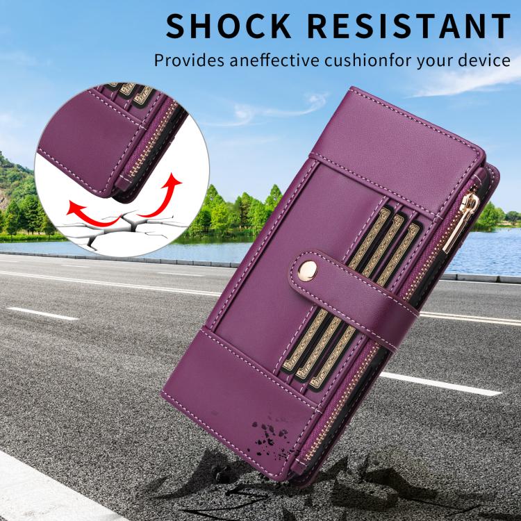 For iPhone 12 Pro Max Crossbody Strap RFID Blocking Zipper Wallet Leather Phone Case