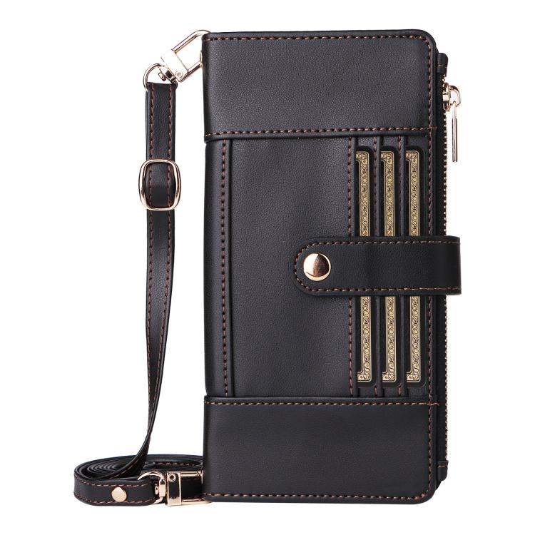 For iPhone 11 Pro Max Crossbody Strap RFID Blocking Zipper Wallet Leather Phone Case