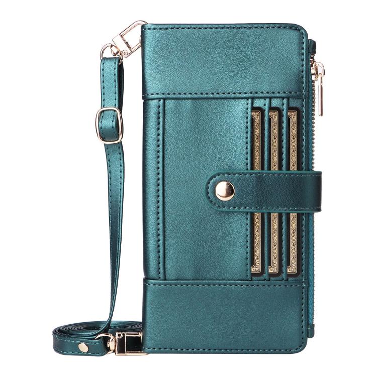 For iPhone 11 Pro Max Crossbody Strap RFID Blocking Zipper Wallet Leather Phone Case