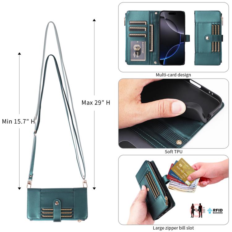 For iPhone 11 Pro Max Crossbody Strap RFID Blocking Zipper Wallet Leather Phone Case