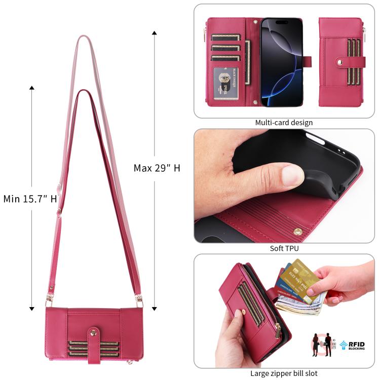 For iPhone 11 Crossbody Strap RFID Blocking Zipper Wallet Leather Phone Case