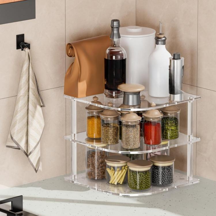 YX165 Acrylic 3 Tier Corner Plates and Bowls Organizer Shelf - Transparent
