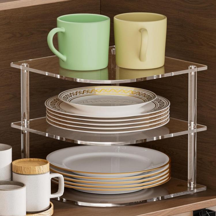 YX165 Acrylic 3 Tier Corner Plates and Bowls Organizer Shelf - Transparent