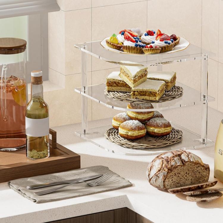 YX165 Acrylic 3 Tier Corner Plates and Bowls Organizer Shelf - Transparent
