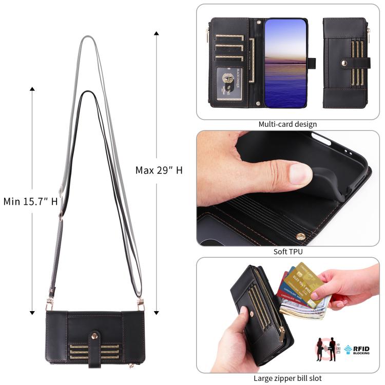 For Samsung Galaxy A56 5G Crossbody Strap RFID Blocking Zipper Wallet Leather Phone Case