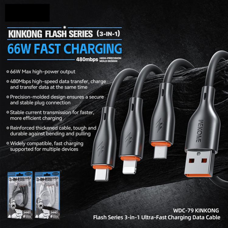 WK WDC-79 3 in 1 Kinkong Flash Series 1.2m 66W PVC Fast Charging Data Cable, Interface:USB to Type-C+8 Pin+Micro