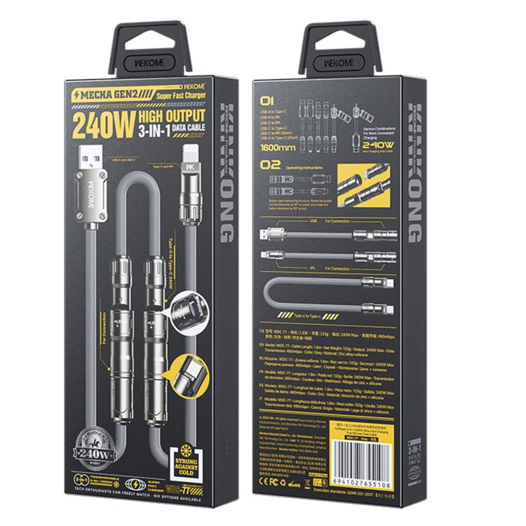 WK WDC-77 Convertible 3 in 1 240W Ultra-Fast ChargingTrue Silicone Data Cable, Interface:6 in 1