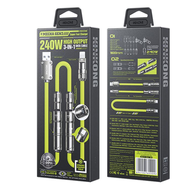 WK WDC-77 Convertible 3 in 1 240W Ultra-Fast ChargingTrue Silicone Data Cable, Interface:6 in 1