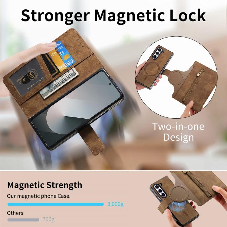 For Samsung Galax Z Fold7 5G Retro MagSafe Magnetic Zipper Wallet Leather Phone Case