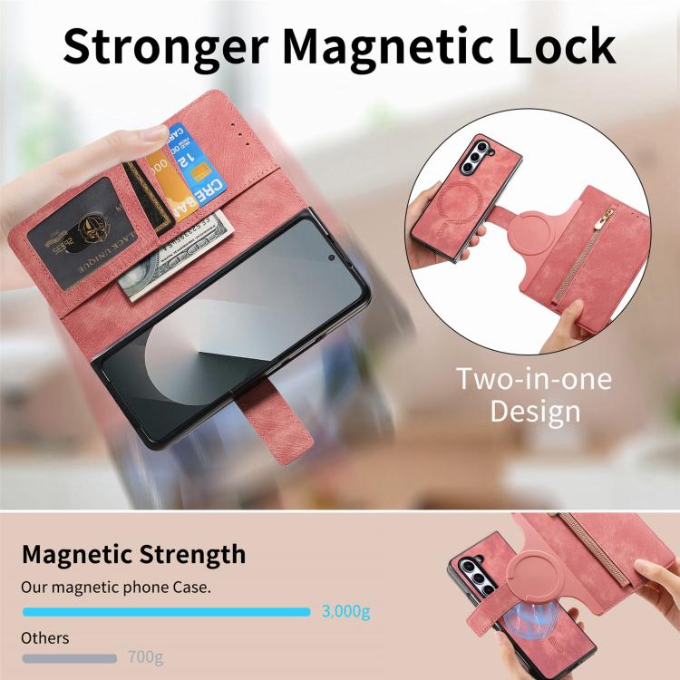 For Samsung Galax Z Fold7 5G Retro MagSafe Magnetic Zipper Wallet Leather Phone Case
