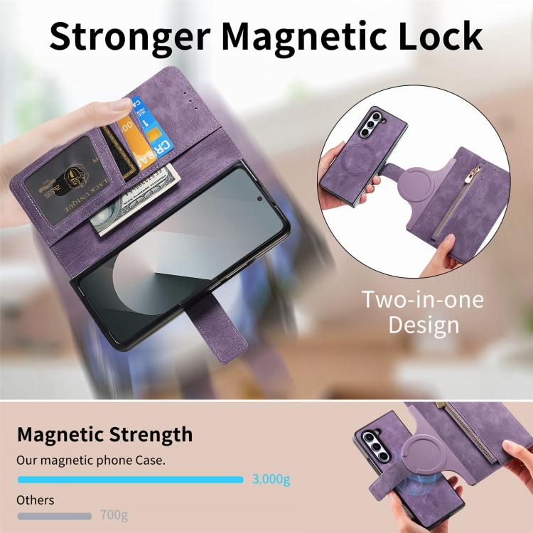 For Samsung Galax Z Fold7 5G Retro MagSafe Magnetic Zipper Wallet Leather Phone Case