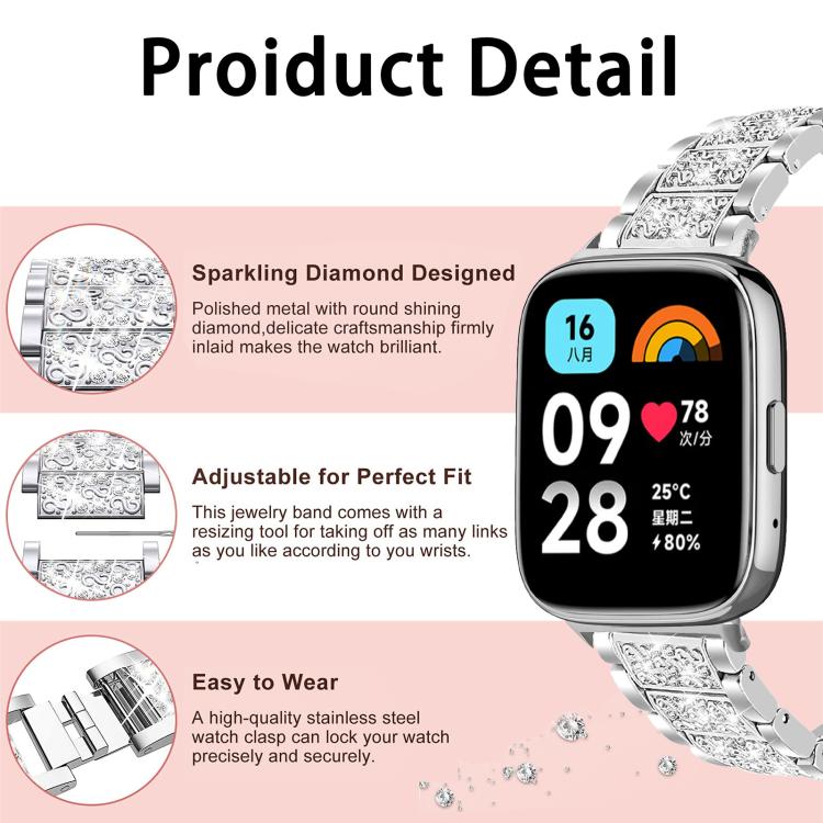 For Redmi Watch 3 Active / Lite 20mm xDfind Diamond Jewelry Stainless Steel Watch Band