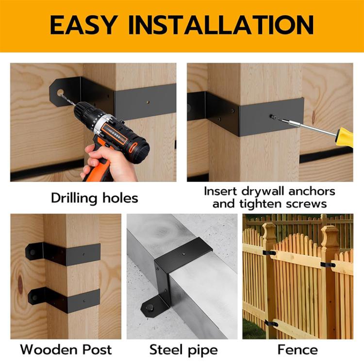 4pcs/Pack Heavy Duty Fence Post Metal Bracket Deck Post U-Shaped Fixing Bracket - Black