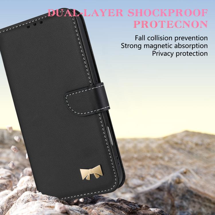 For OPPO Reno14 5G Metal Bow Leather Phone Case with Hand Strap