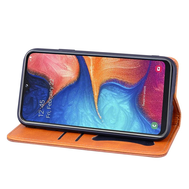 For Samsung Galaxy A20s Business Stitching Horizontal Flip Leather Case with Double Folding & Bracket & Card Slots & Photo Frame & Wallet
