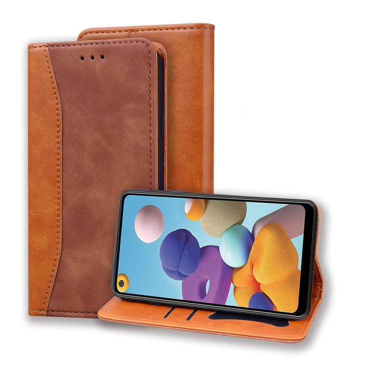 For Samsung Galaxy A21 Business Stitching Horizontal Flip Leather Case with Double Folding & Bracket & Card Slots & Photo Frame & Wallet