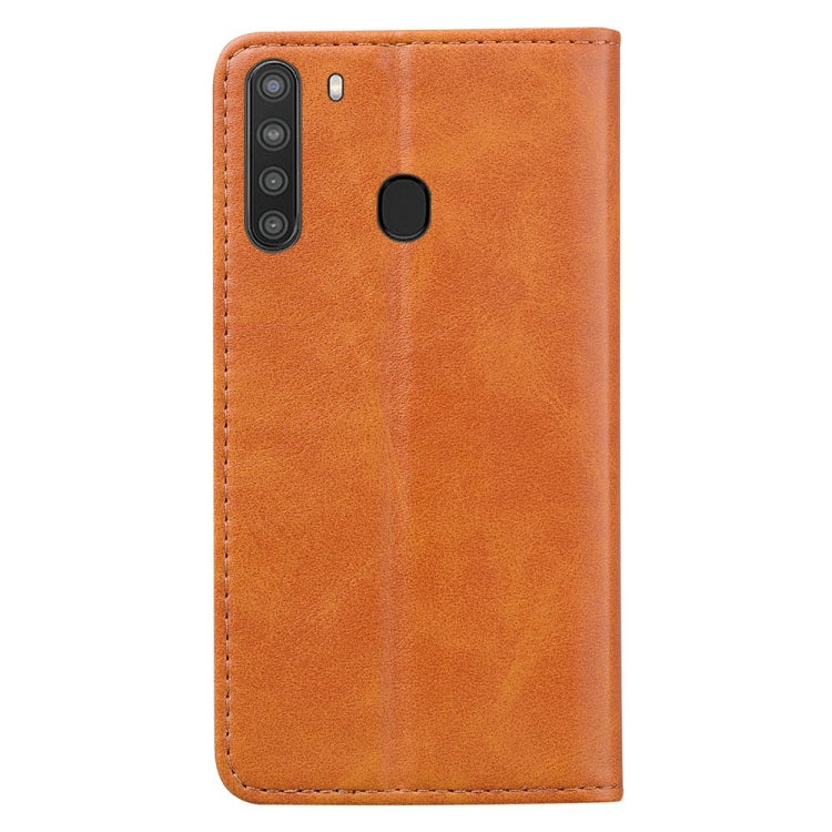 For Samsung Galaxy A21 Business Stitching Horizontal Flip Leather Case with Double Folding & Bracket & Card Slots & Photo Frame & Wallet