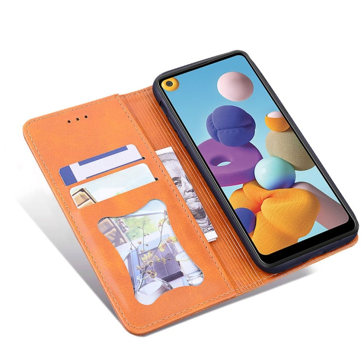 For Samsung Galaxy A21 Business Stitching Horizontal Flip Leather Case with Double Folding & Bracket & Card Slots & Photo Frame & Wallet