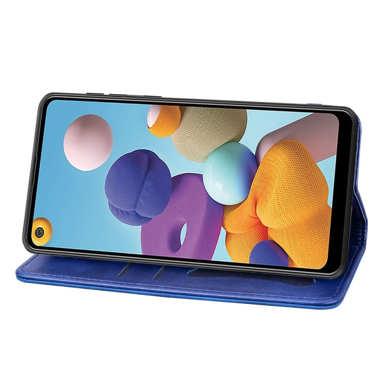 For Samsung Galaxy A21 Business Stitching Horizontal Flip Leather Case with Double Folding & Bracket & Card Slots & Photo Frame & Wallet