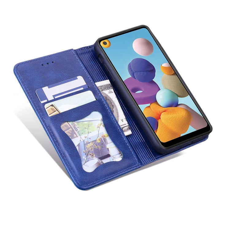 For Samsung Galaxy A21 Business Stitching Horizontal Flip Leather Case with Double Folding & Bracket & Card Slots & Photo Frame & Wallet