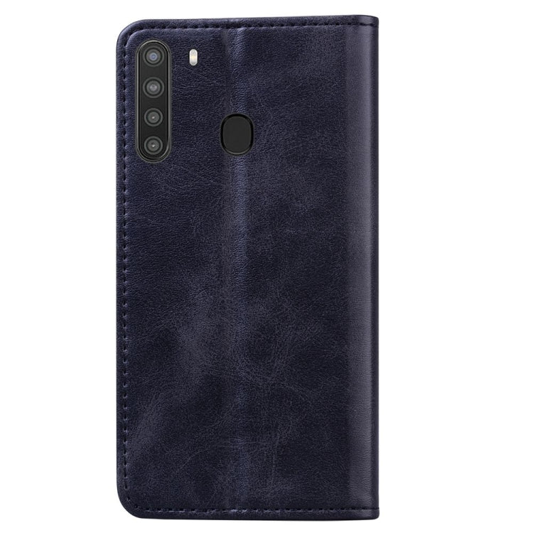 For Samsung Galaxy A21 Business Stitching Horizontal Flip Leather Case with Double Folding & Bracket & Card Slots & Photo Frame & Wallet