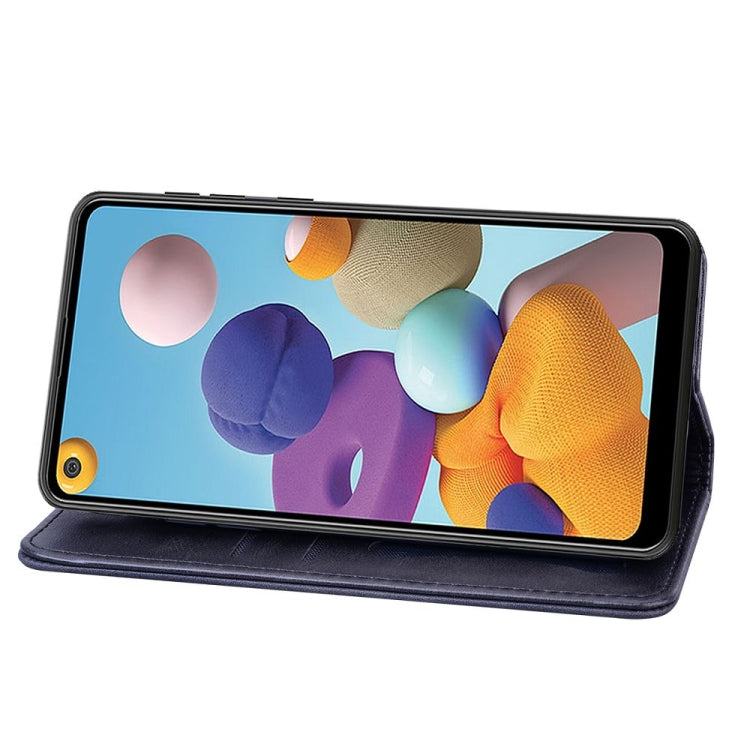 For Samsung Galaxy A21 Business Stitching Horizontal Flip Leather Case with Double Folding & Bracket & Card Slots & Photo Frame & Wallet