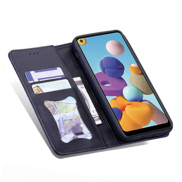 For Samsung Galaxy A21 Business Stitching Horizontal Flip Leather Case with Double Folding & Bracket & Card Slots & Photo Frame & Wallet