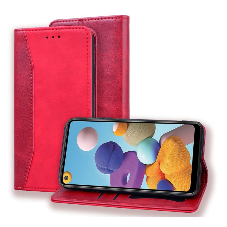 For Samsung Galaxy A21 Business Stitching Horizontal Flip Leather Case with Double Folding & Bracket & Card Slots & Photo Frame & Wallet