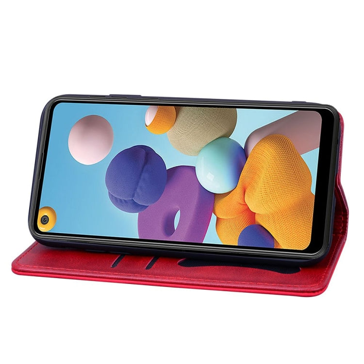 For Samsung Galaxy A21 Business Stitching Horizontal Flip Leather Case with Double Folding & Bracket & Card Slots & Photo Frame & Wallet