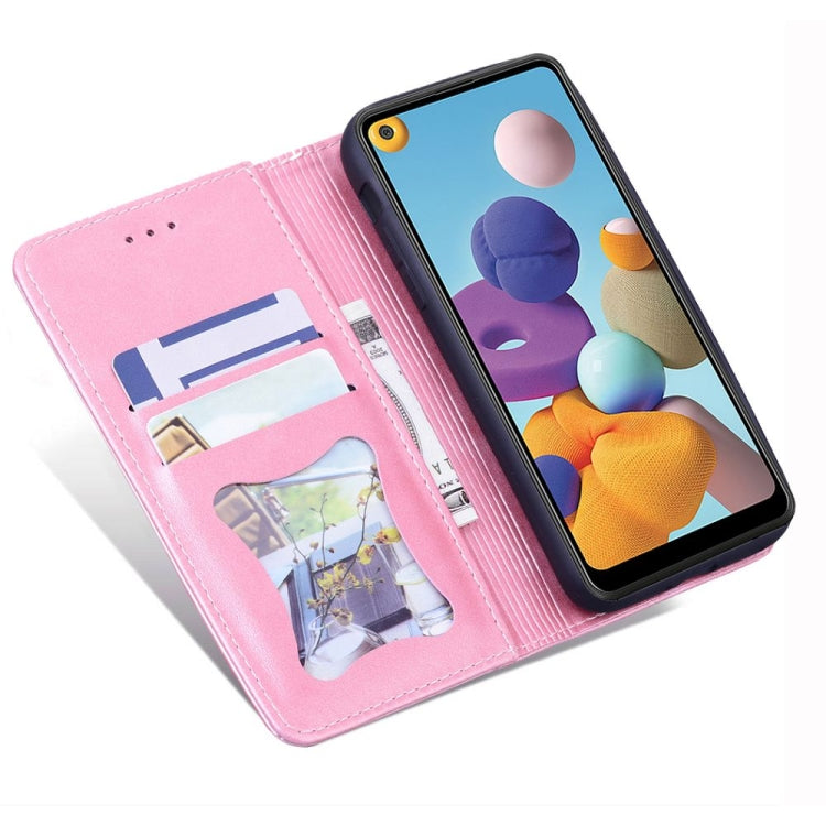 For Samsung Galaxy A21 Business Stitching Horizontal Flip Leather Case with Double Folding & Bracket & Card Slots & Photo Frame & Wallet