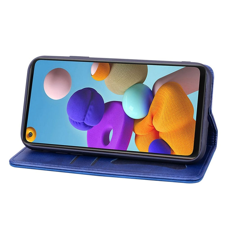 For Samsung Galaxy A21s Business Stitching Horizontal Flip Leather Case with Double Folding & Bracket & Card Slots & Photo Frame & Wallet
