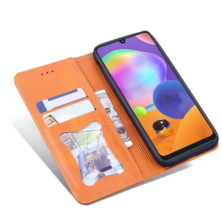 For Samsung Galaxy A31 Business Stitching Horizontal Flip Leather Case with Double Folding & Bracket & Card Slots & Photo Frame & Wallet